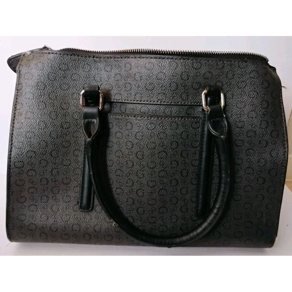 GUESS Fitz Black Monogram Satchel Bag Top Handle Purse SV860907 Triple Pocket